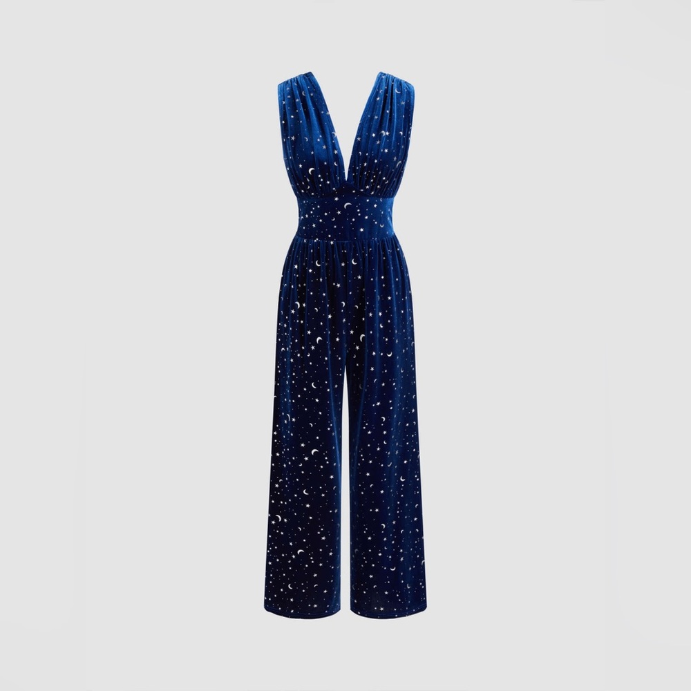 NWT VELVET V-NECK MOON STAR RUCHED
WIDE LEG JUMPSUIT